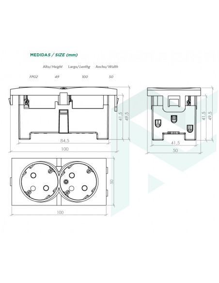 Módulo enchufe doble schuko con obturador de seguridad y piloto luminoso de Mmconecta Módulo enchufe doble schuko con obturador de seguridad y piloto luminoso de Mmconecta