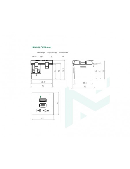 Módulo plano de 45x45 con doble cargador USB A+C 5V 4.2A EPUAC4/4 de Mmconecta Módulo plano de 45x45 con doble cargador USB A+C 5V 4.2A EPUAC4/4 de Mmconecta